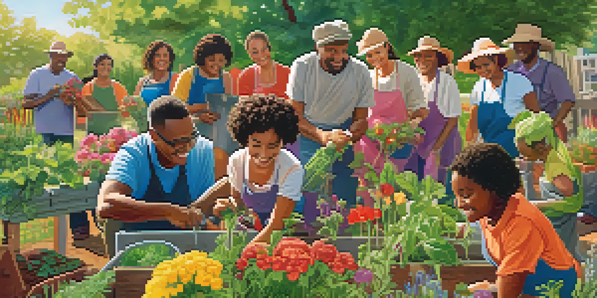 A diverse group of people working together in a community garden, planting flowers and vegetables under sunlight.