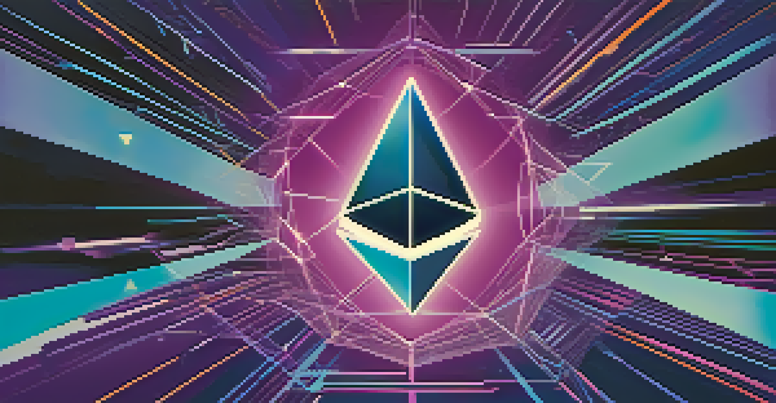An abstract illustration of Ethereum interoperability with a central Ethereum logo surrounded by smaller blockchain logos connected by colorful lines.