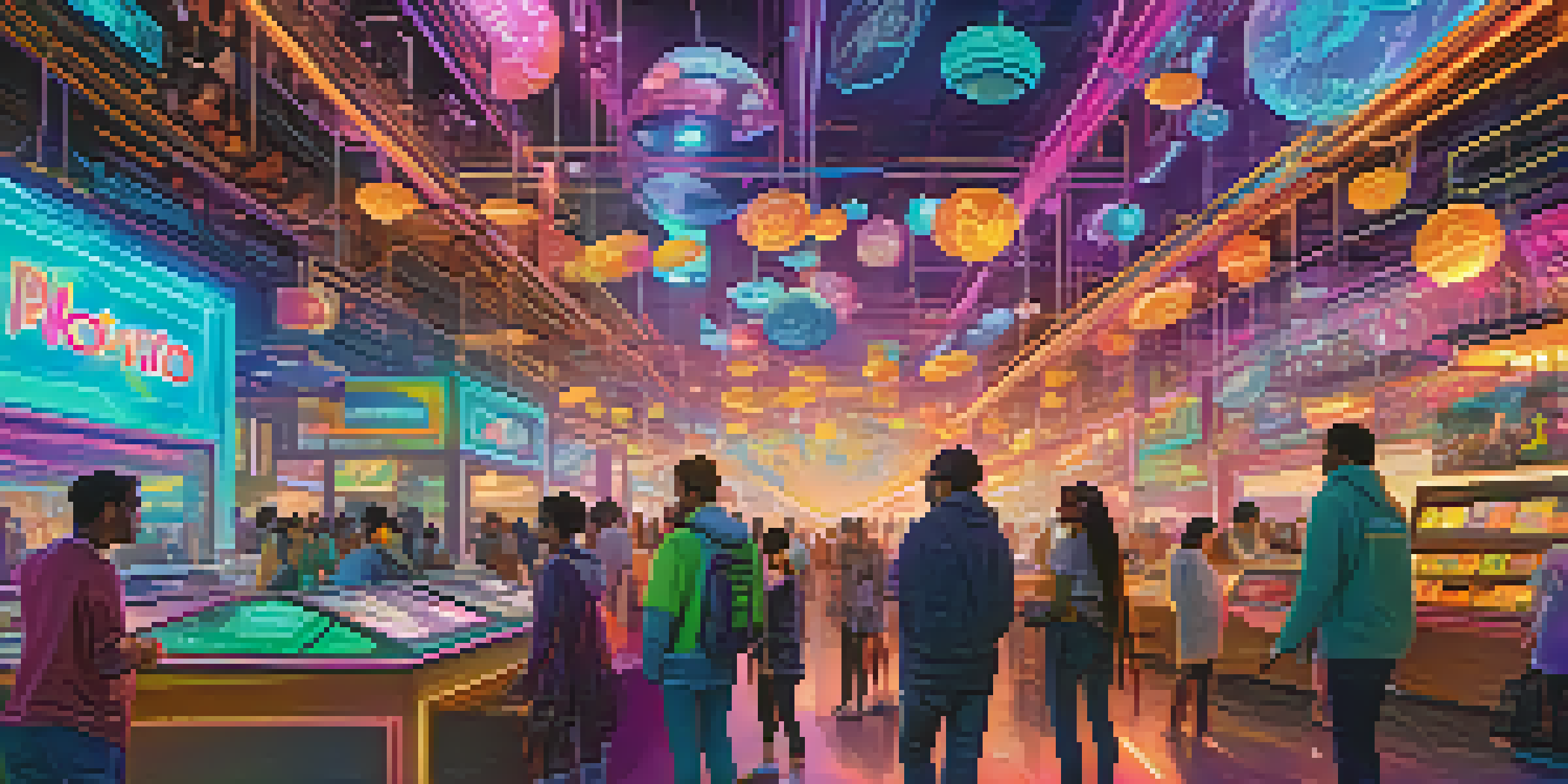 A futuristic digital marketplace with diverse avatars engaging in transactions, illuminated by vibrant neon colors and holographic displays of cryptocurrencies.