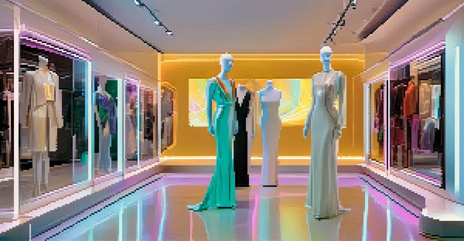 A futuristic fashion boutique with holographic displays and elegant mannequins showcasing limited-edition garments.