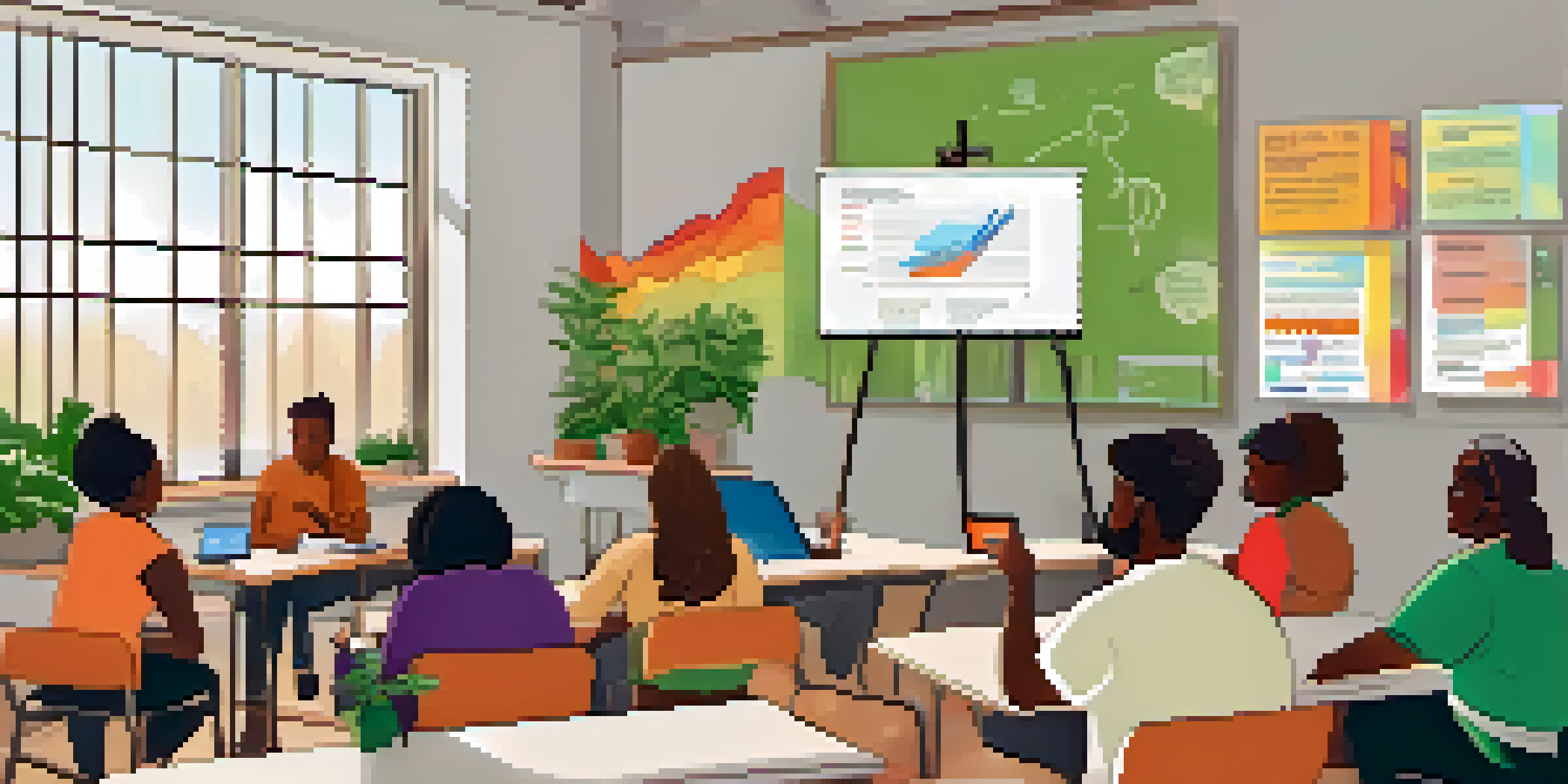 A diverse group of individuals participating in a financial literacy workshop in a bright community center, with charts and a facilitator explaining concepts.