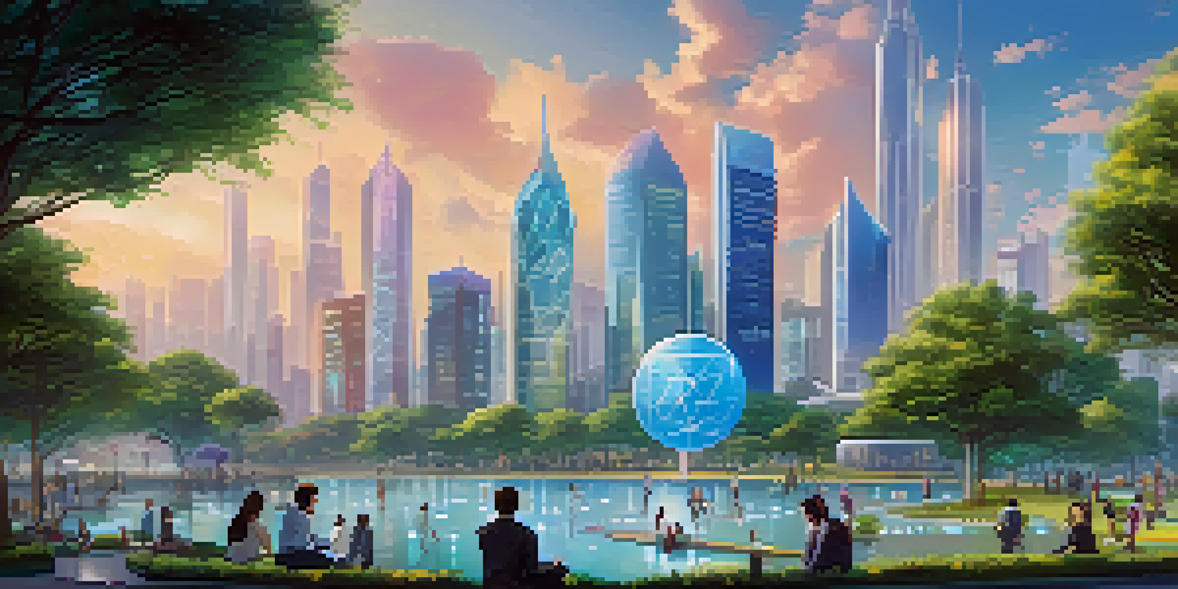A futuristic city skyline with modern skyscrapers and people interacting with holographic financial interfaces in a park.
