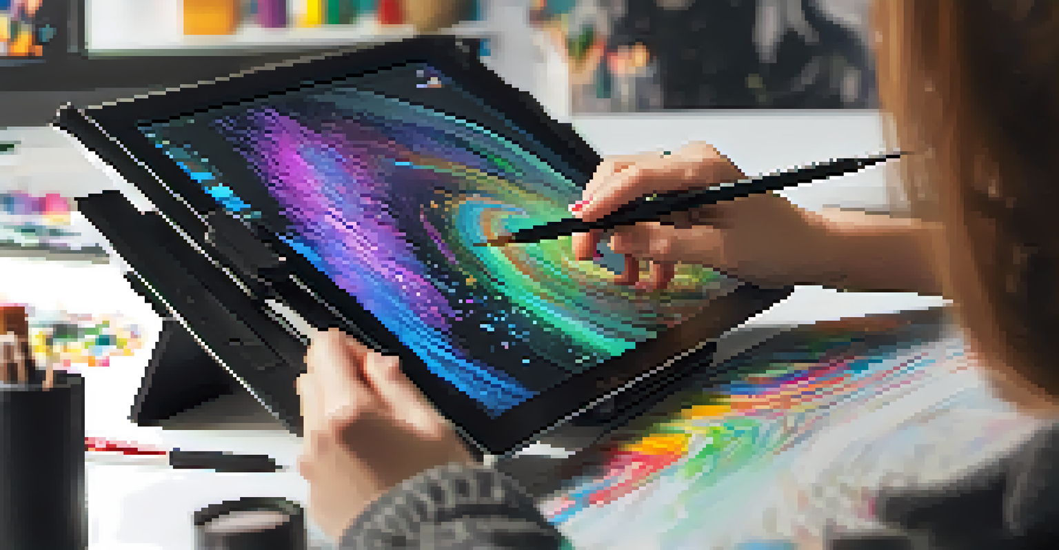 A digital artist creating an NFT on a tablet, with colorful generative art displayed on the screen and a cozy workspace.