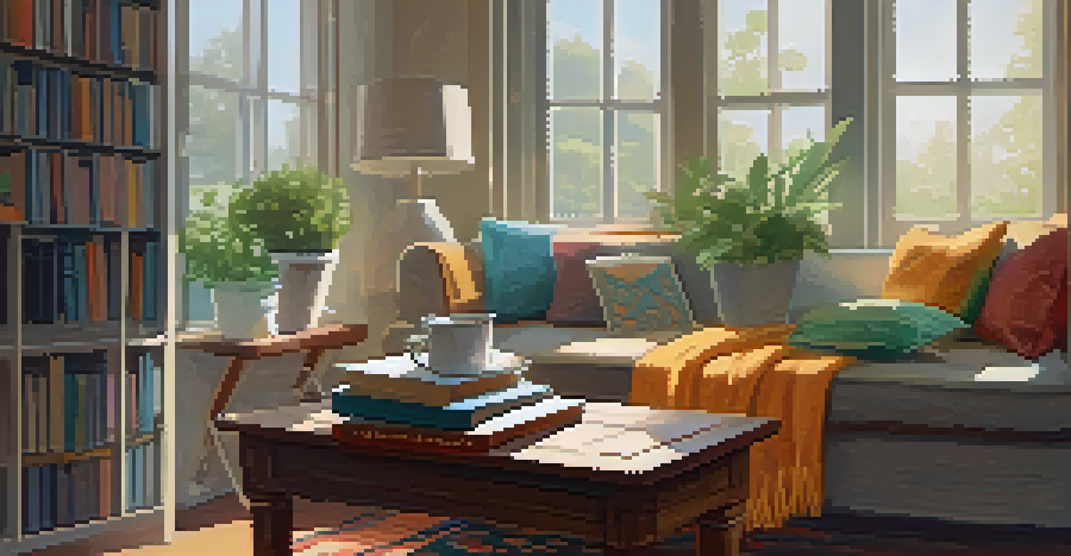 A cozy reading nook with cushions, books, and a cup of tea by a window.