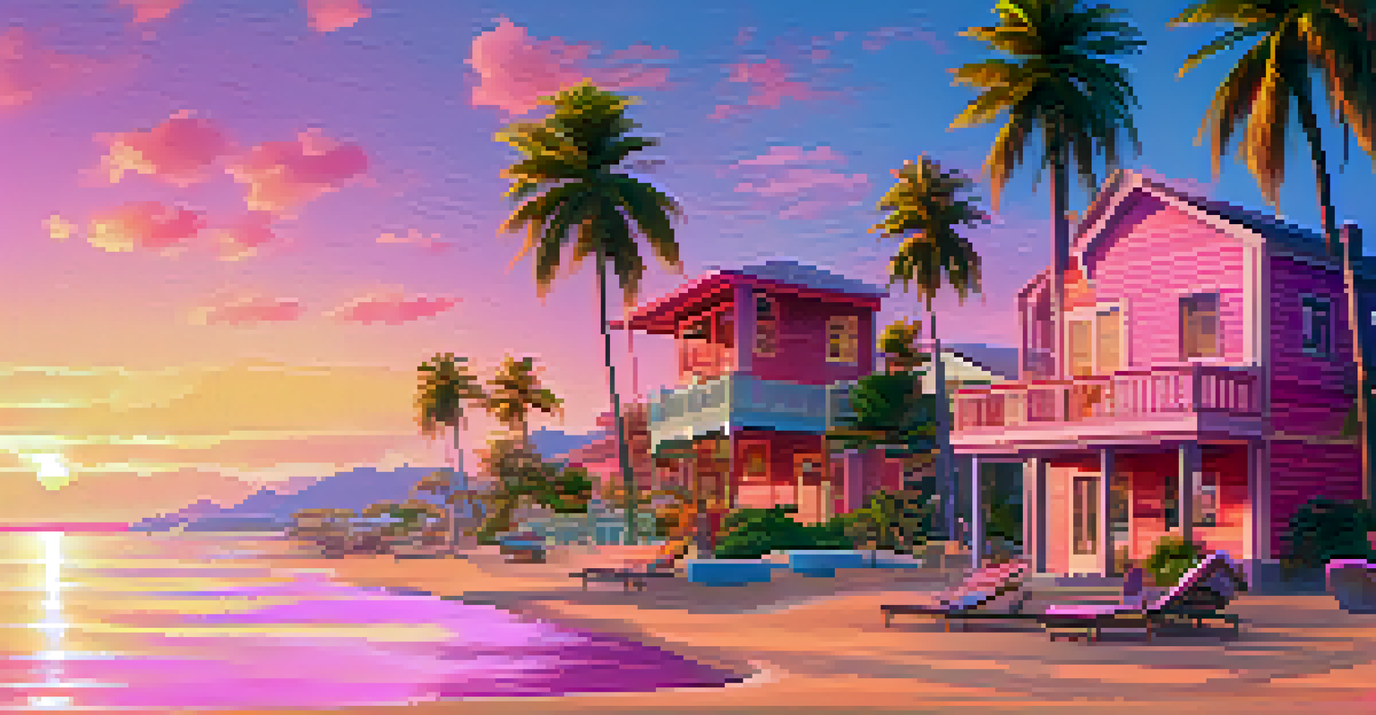 A peaceful virtual beach scene with colorful beach houses and avatars enjoying a sunset, creating a relaxed atmosphere.
