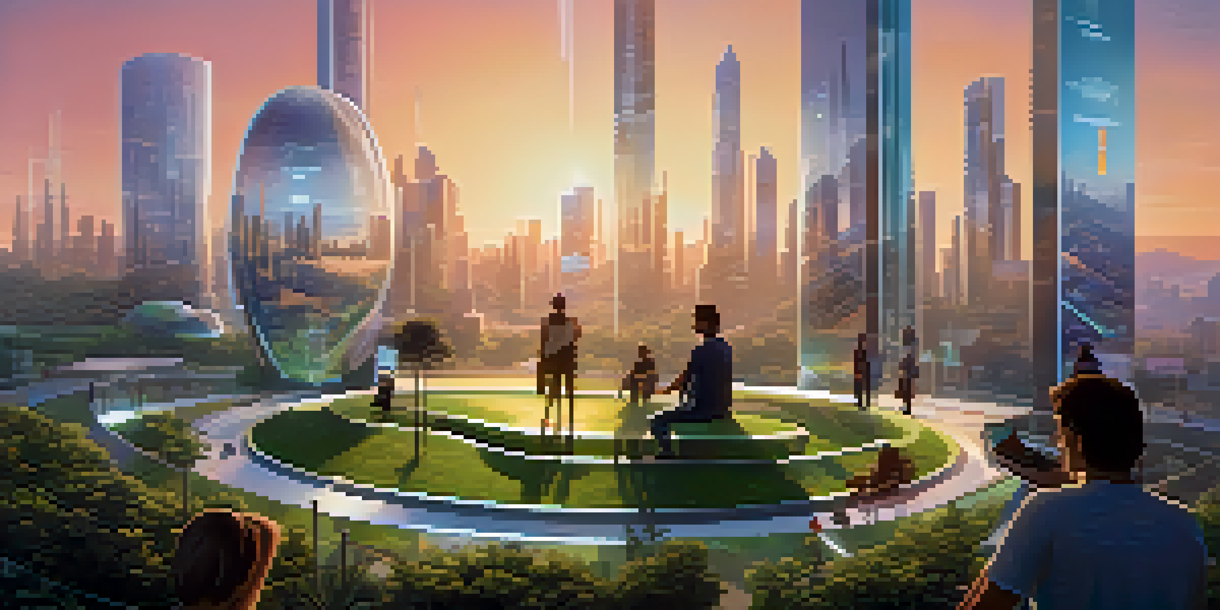 A futuristic city with people interacting with holographic displays about personal data ownership during sunset.