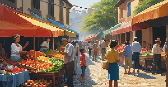 A lively street market in Latin America with colorful stalls, people interacting, and traditional musicians, all under warm sunlight.