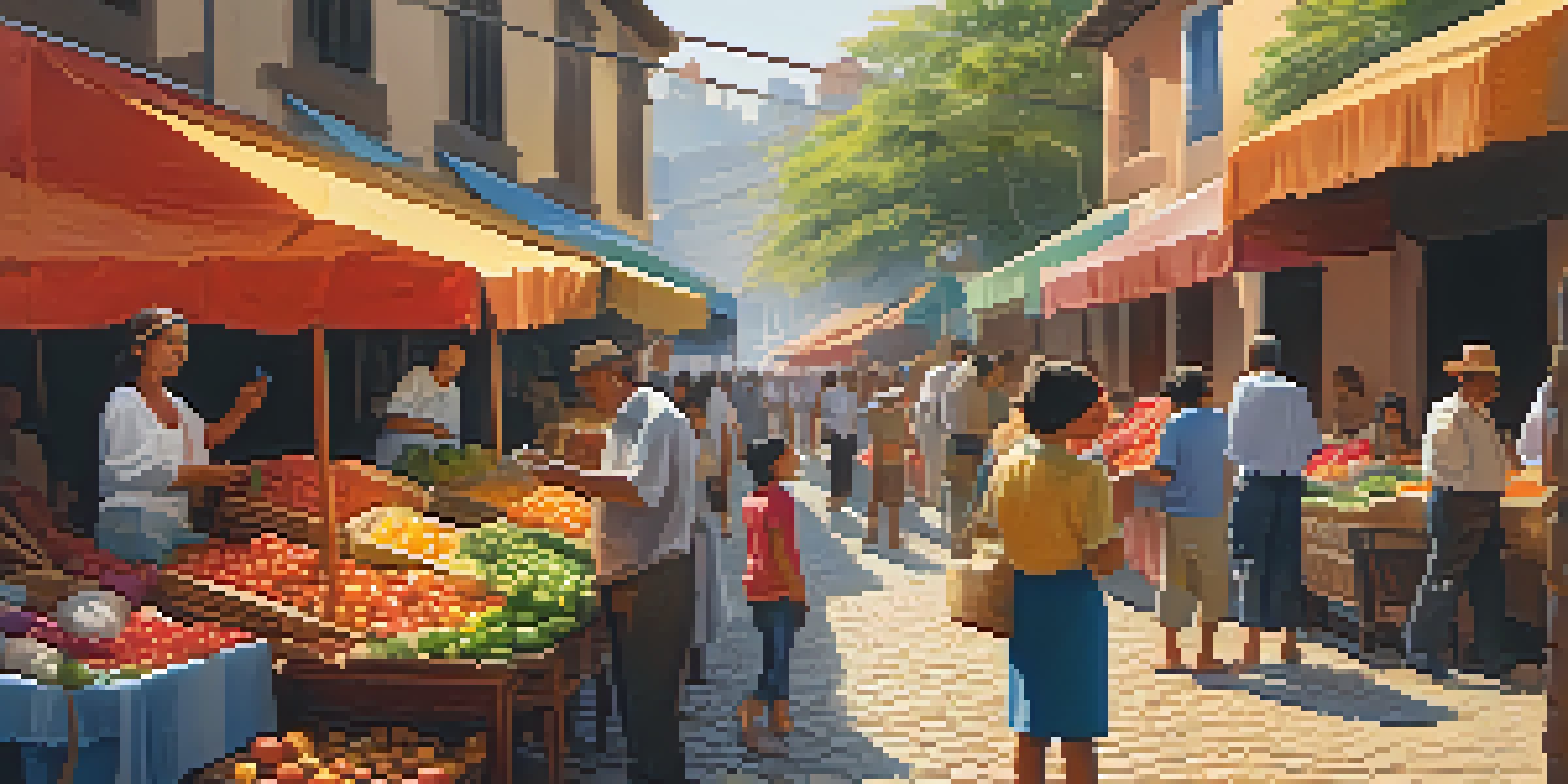 A lively street market in Latin America with colorful stalls, people interacting, and traditional musicians, all under warm sunlight.