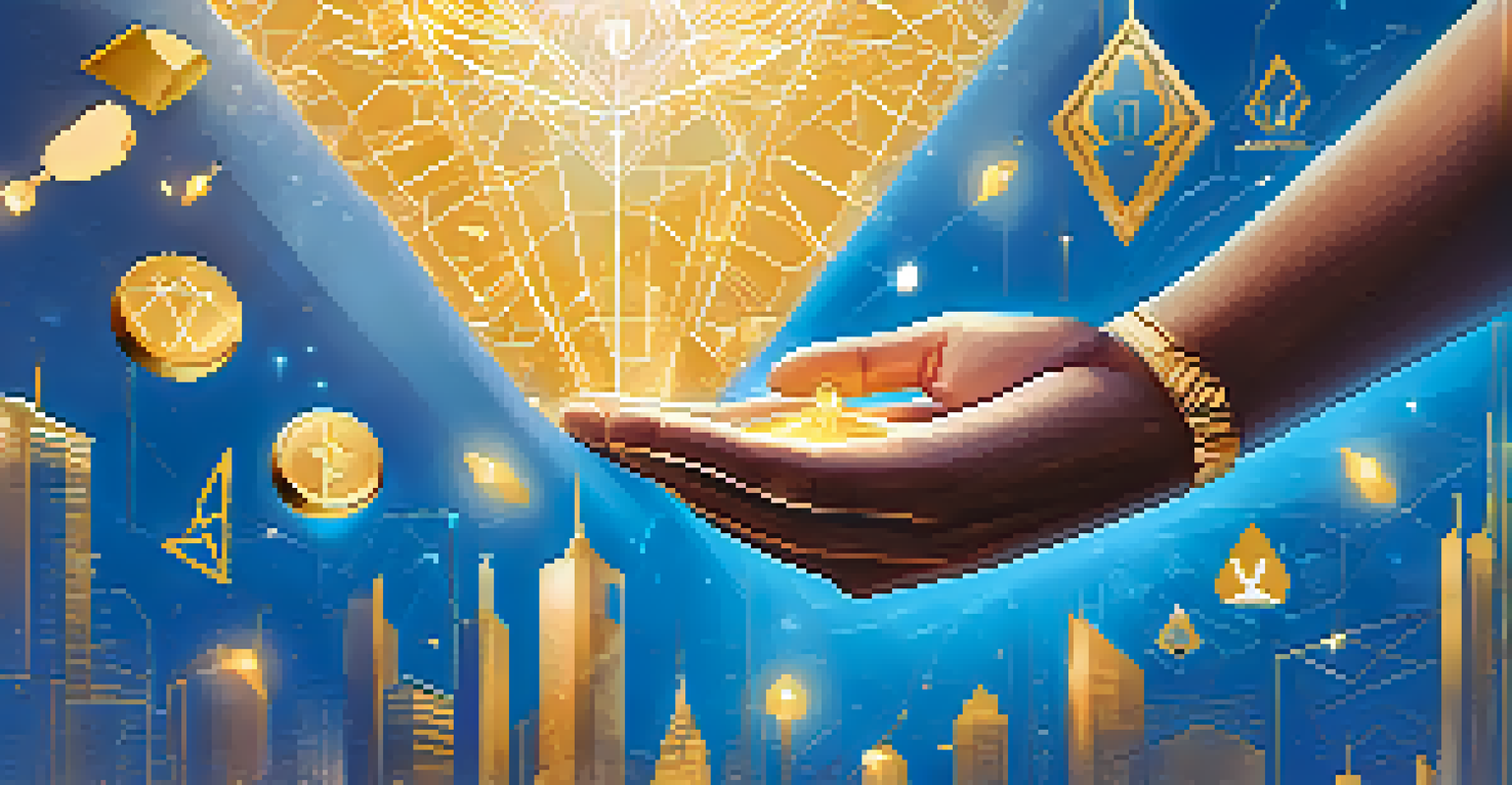 A hand reaching towards a glowing Ethereum symbol with charitable icons in the background.