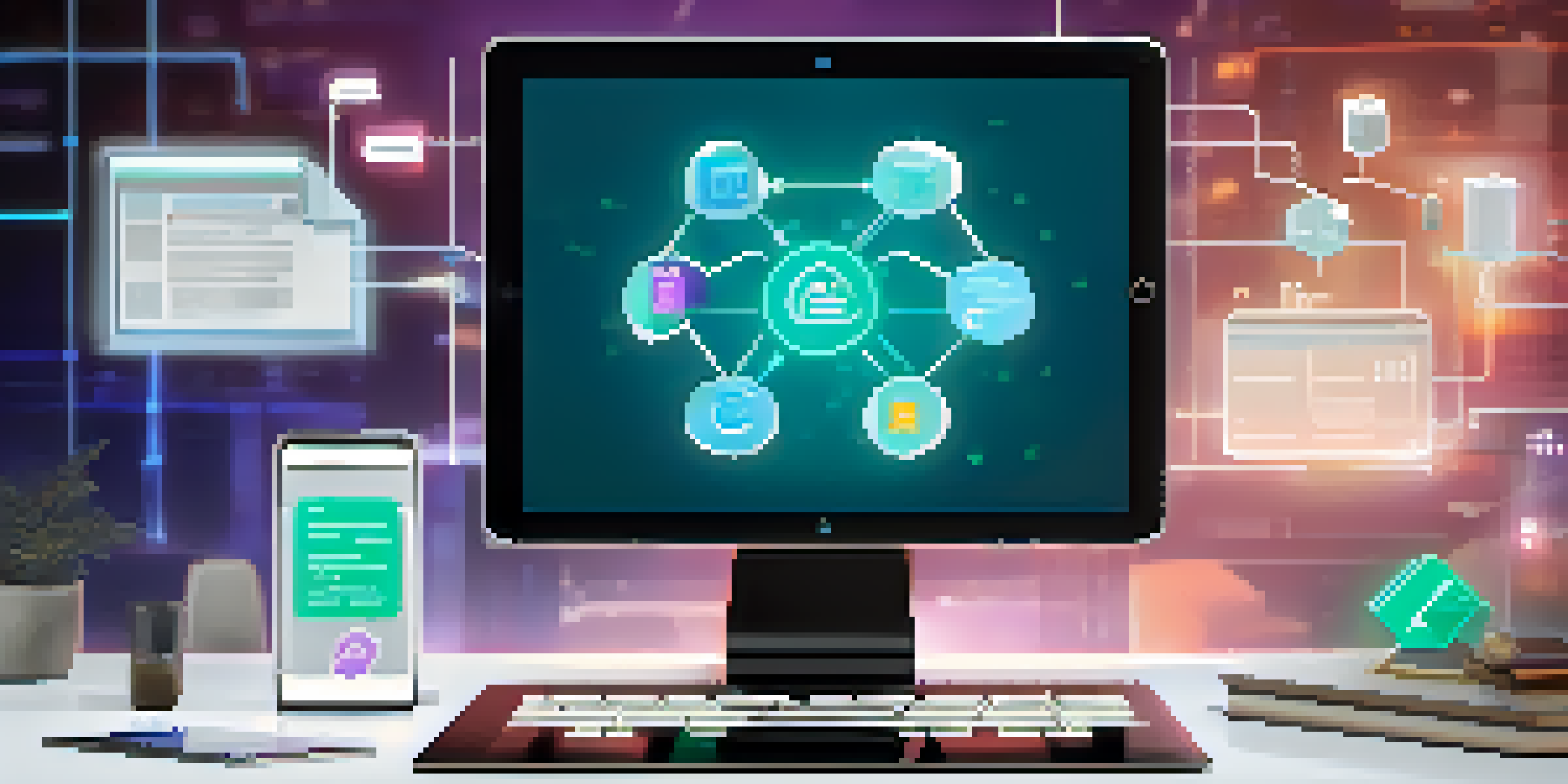 An abstract depiction of smart contracts with a tablet displaying a digital contract surrounded by various industry icons.