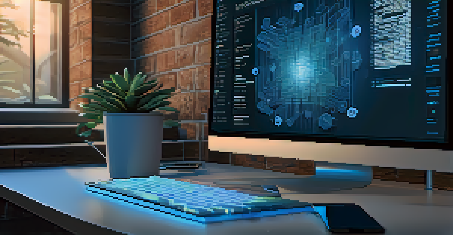 A close-up of a glowing blockchain ledger on a computer screen in a cozy workspace, with a coffee cup and notebooks, illustrating the accessibility of blockchain technology.