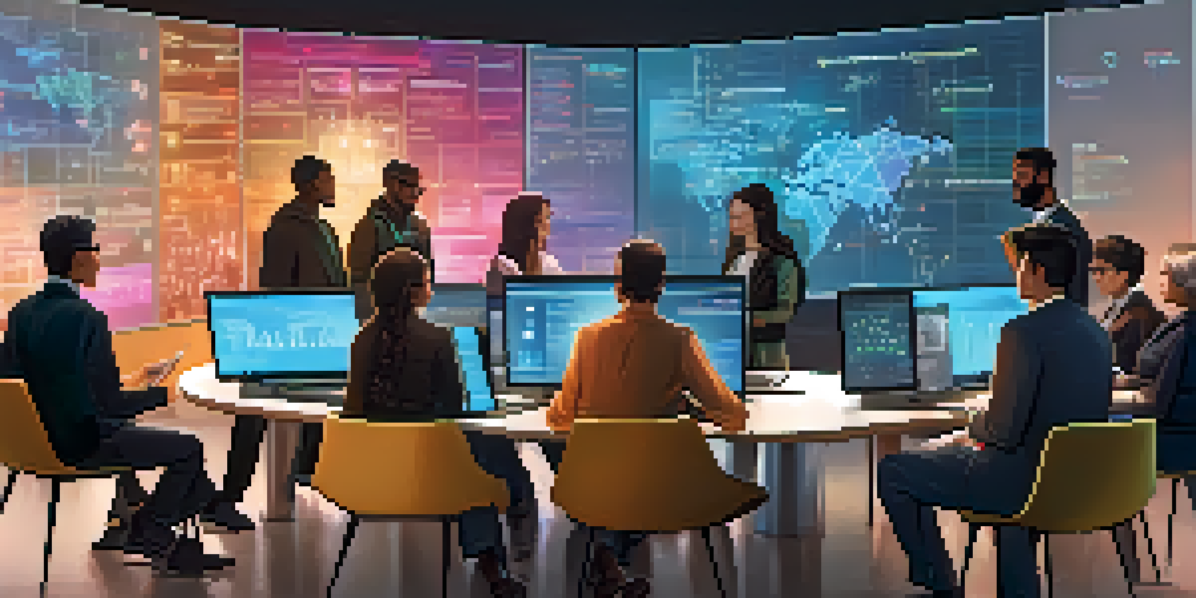 A diverse group of people discussing blockchain technology around a digital table with screens displaying graphs.
