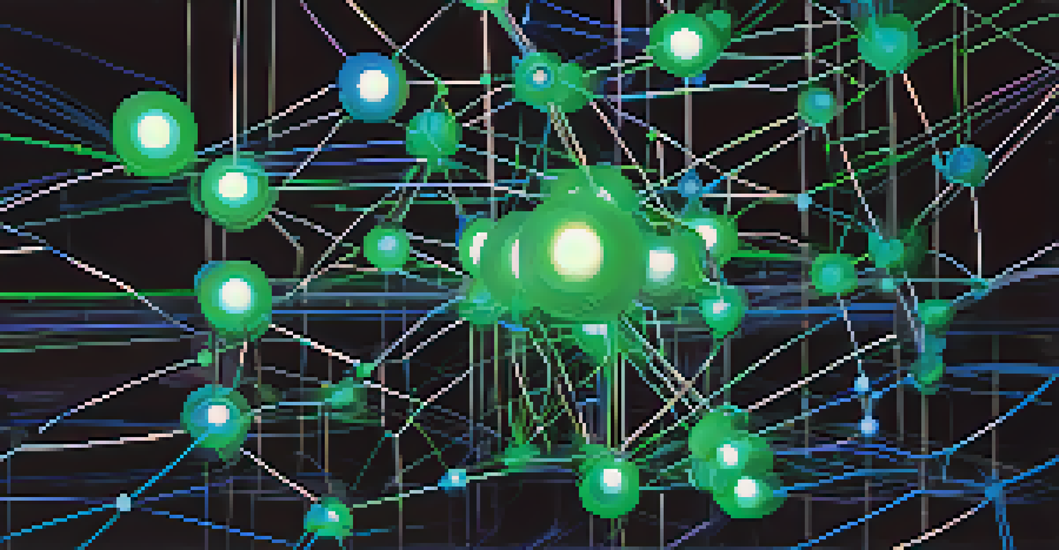 An abstract depiction of a blockchain network with glowing nodes representing secure votes, set against a dark background with vibrant colors.