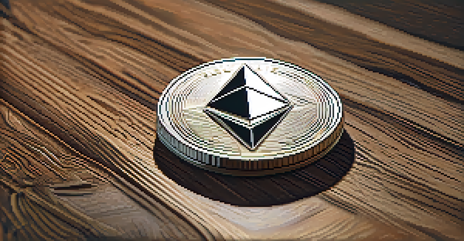A close-up of an Ethereum coin on a wooden surface with soft light, showcasing detailed engravings and blurred trading charts in the background.