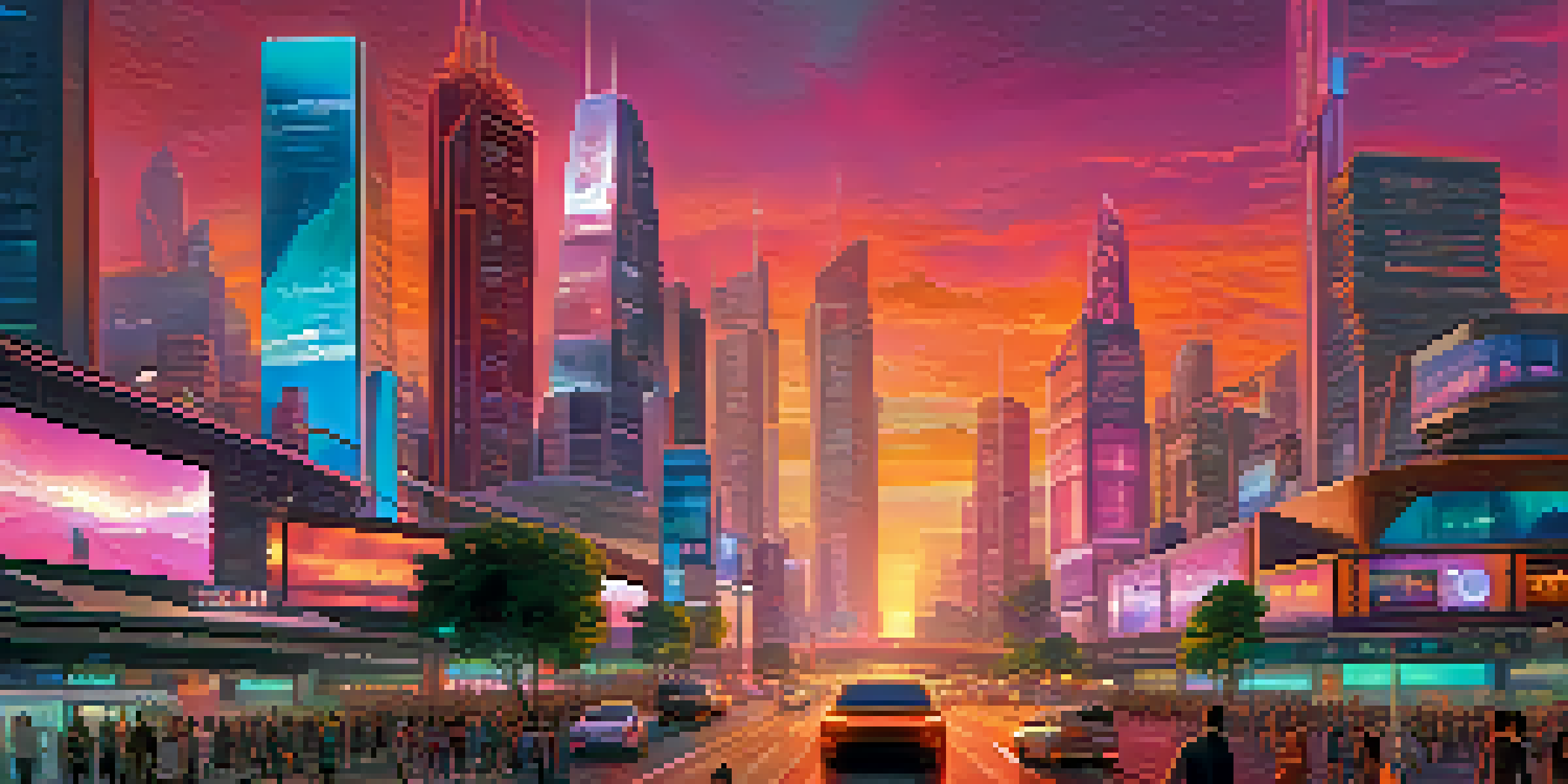 A vibrant sunset over a futuristic city with skyscrapers and neon lights, featuring people and autonomous vehicles in the foreground.