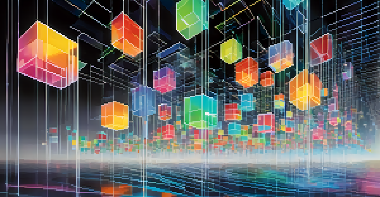 An abstract view of a transparent blockchain with floating data blocks and colorful data streams.