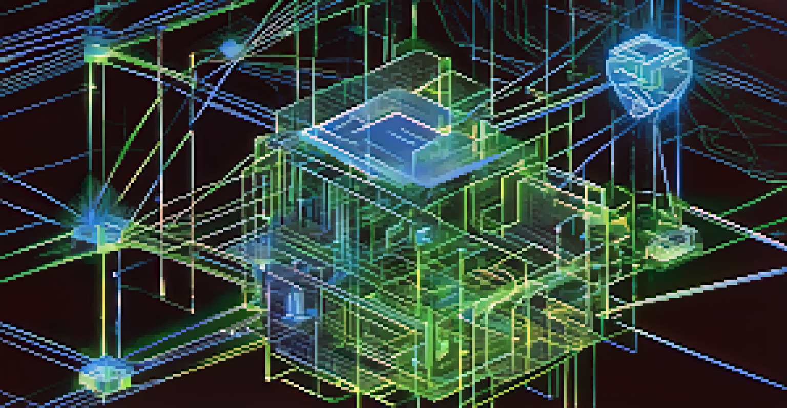 An abstract illustration of blockchain technology with interconnected nodes and chains glowing in blue and green.