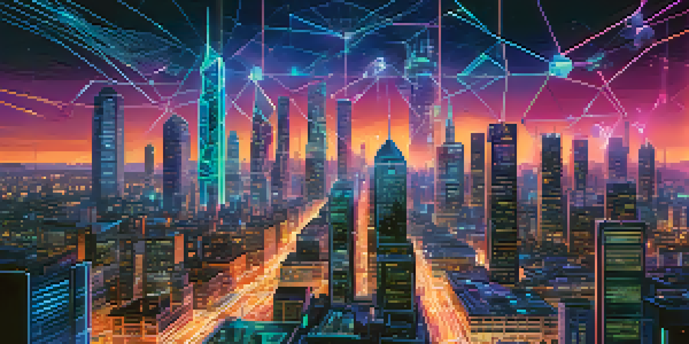 A futuristic city with bright neon lights and people using digital devices, representing blockchain collaboration.