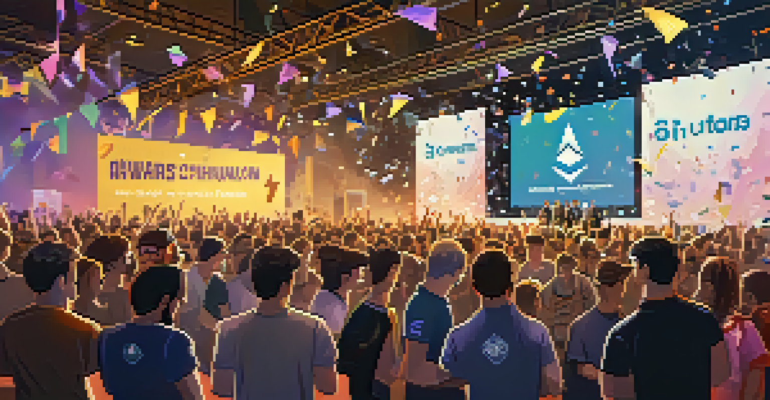 A celebratory moment at a hackathon awards ceremony with cheering participants as a winning team is announced.