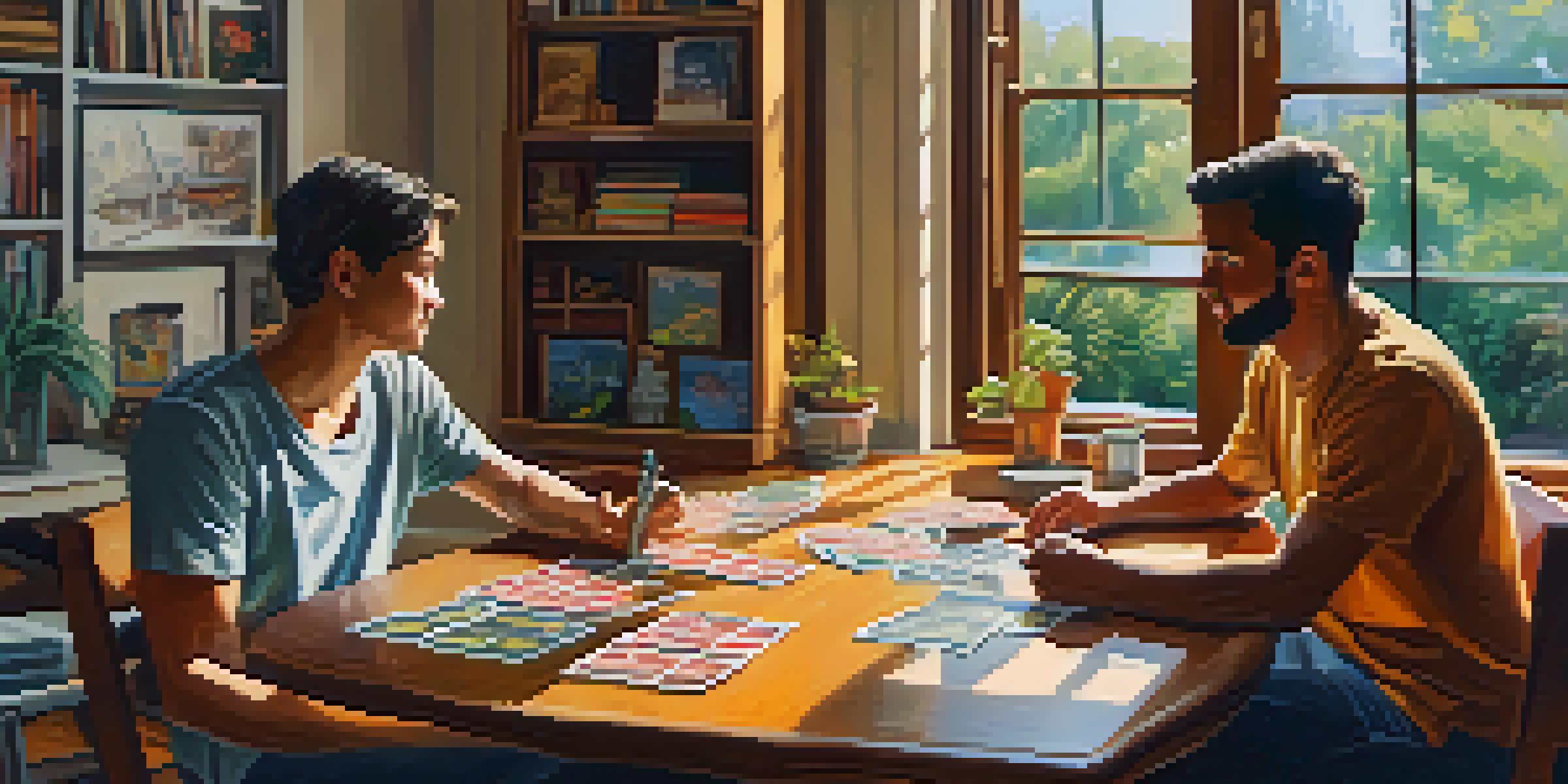 Two people exchanging baseball cards at a table in a well-lit living room, representing the concept of atomic swaps.