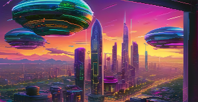 A vibrant futuristic city skyline at dusk with neon lights and flying vehicles.