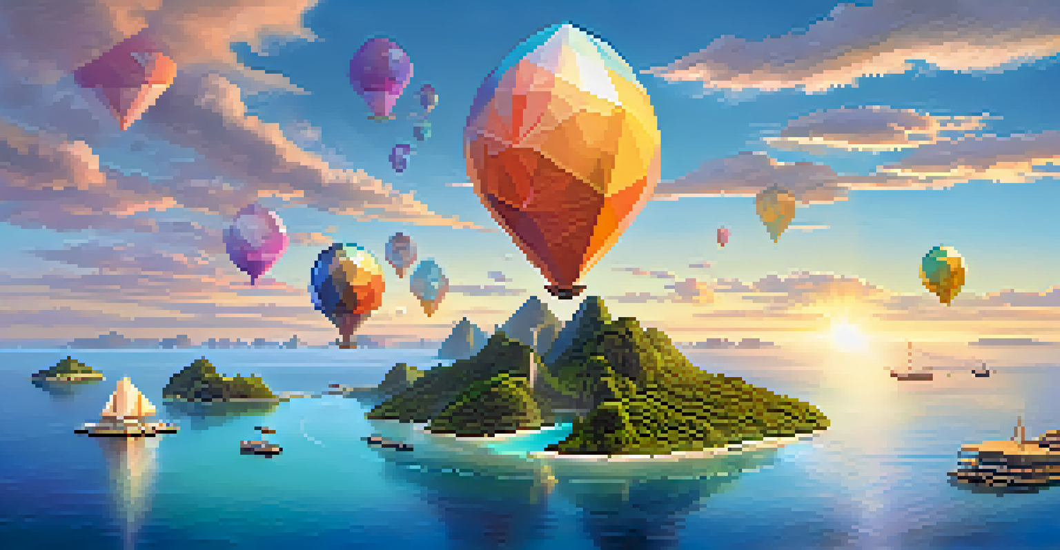 Colorful islands representing different Ethereum testnets surrounded by calm waters, with developers testing applications on floating platforms.