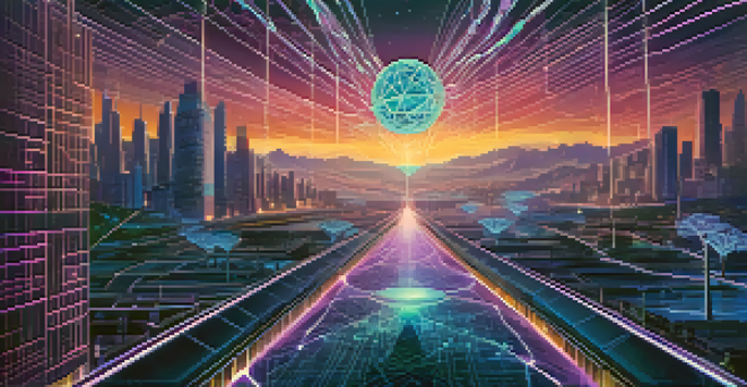 A futuristic illustration of the Ethereum network, featuring interconnected nodes and a glowing cityscape in the background.