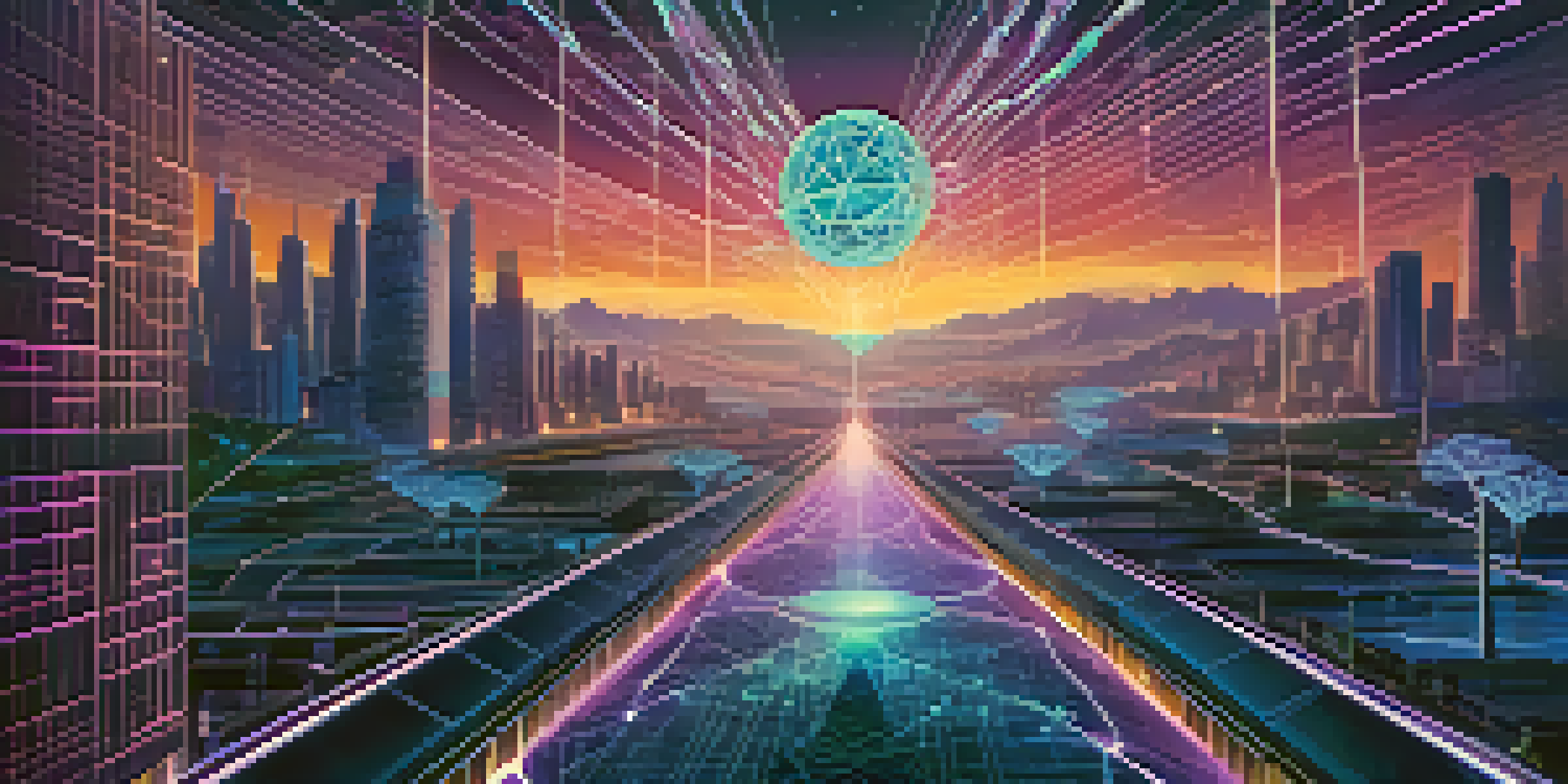 A futuristic illustration of the Ethereum network, featuring interconnected nodes and a glowing cityscape in the background.