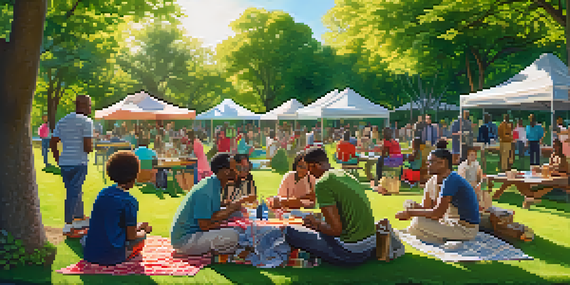 A diverse group of people in a park sharing tools and resources, surrounded by greenery and sunlight.