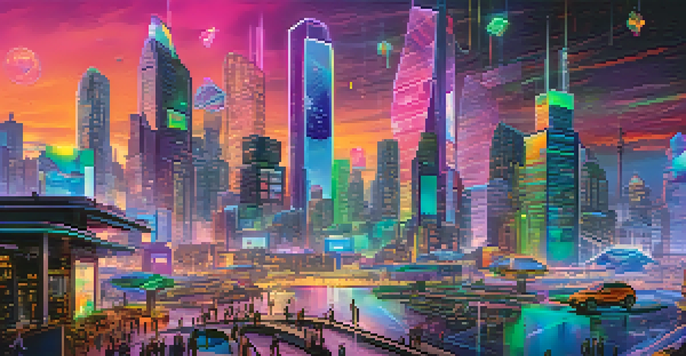 A futuristic city with holographic displays of synthetic assets, showcasing diversity and advanced technology.