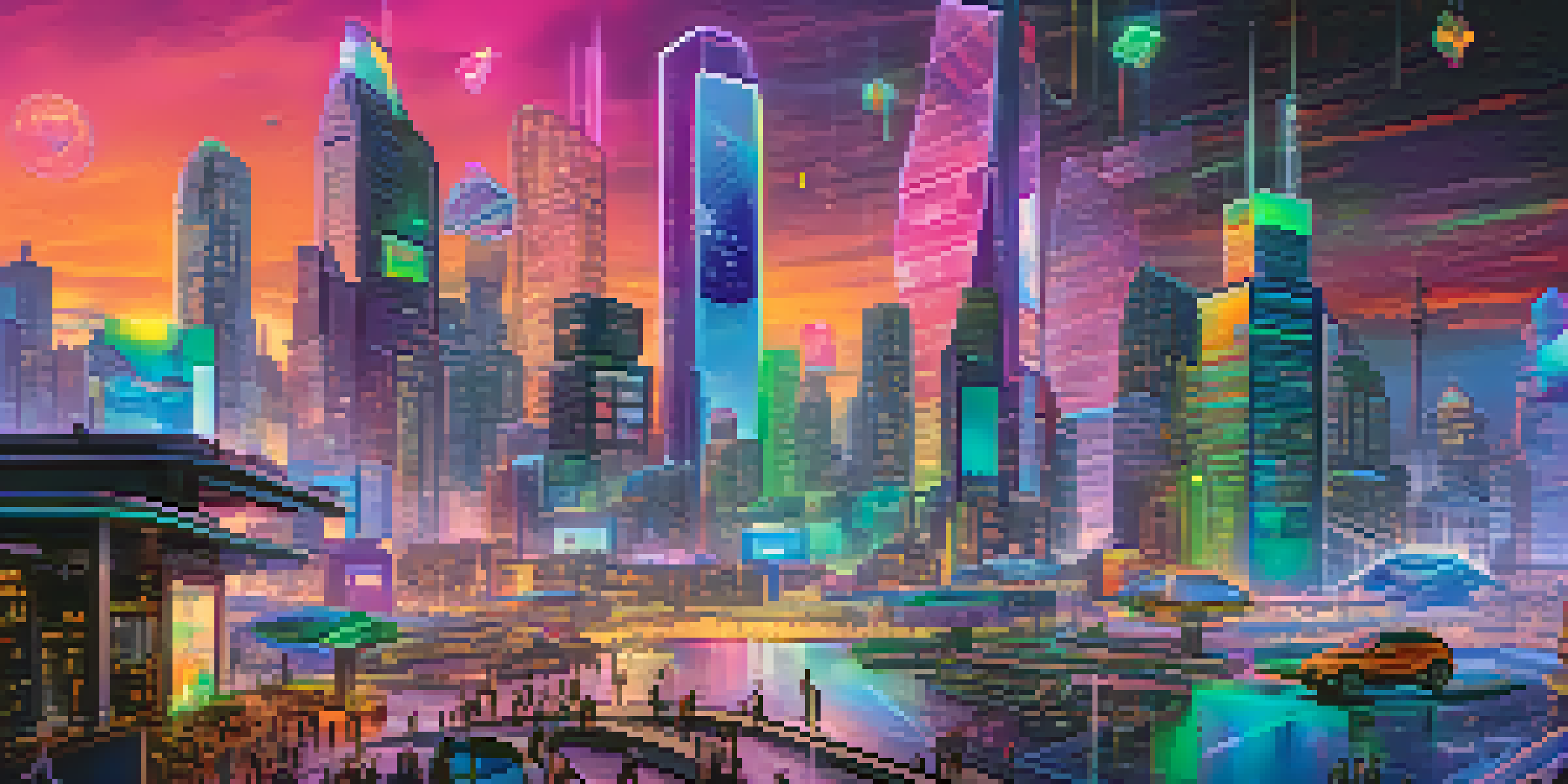 A futuristic city with holographic displays of synthetic assets, showcasing diversity and advanced technology.