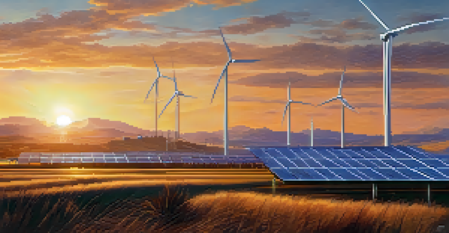 A peaceful landscape of solar panels and wind turbines with a sunset, representing sustainable energy in the context of Ethereum mining.