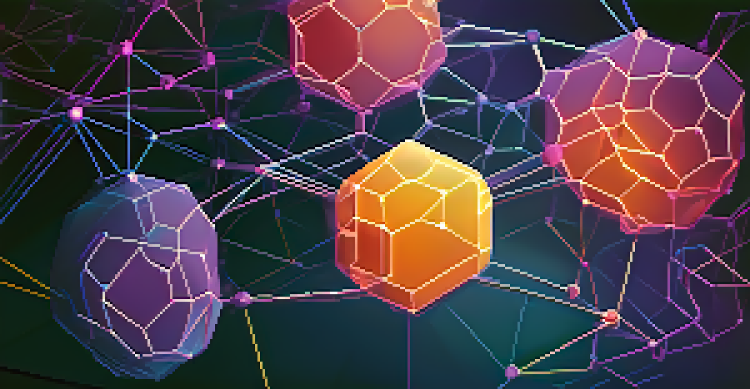 An abstract visualization of a blockchain network with interconnected nodes and glowing lines against a gradient background.