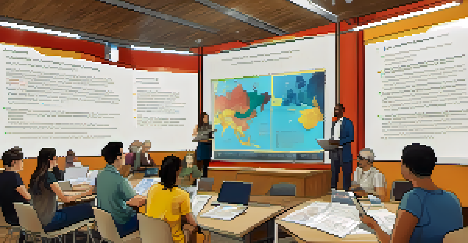 Members of a DAO evaluating governance frameworks in a bright environment, with a digital screen displaying survey results.