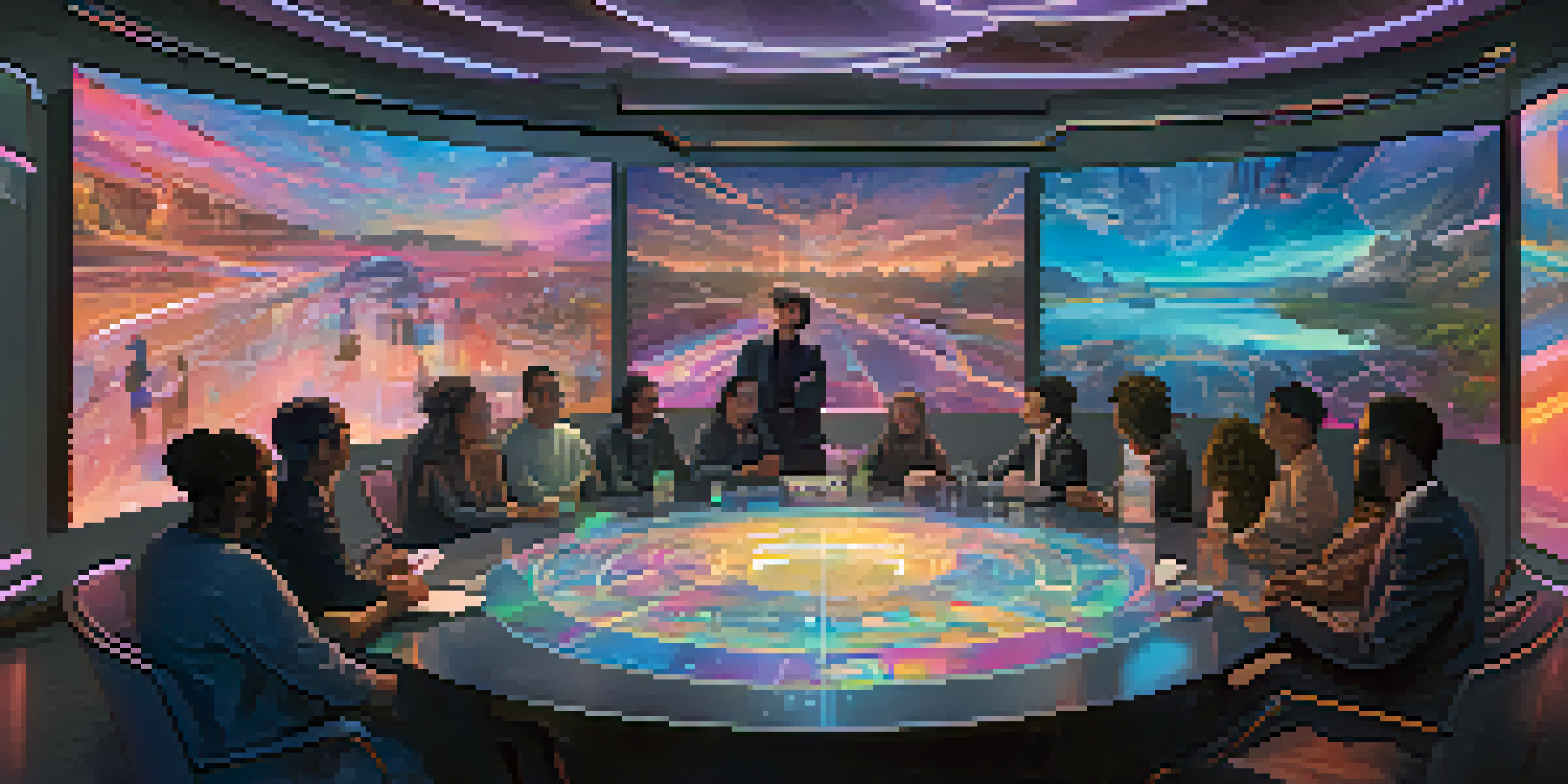 A diverse group of individuals in a futuristic meeting space, collaborating on a decentralized voting process around a holographic table.