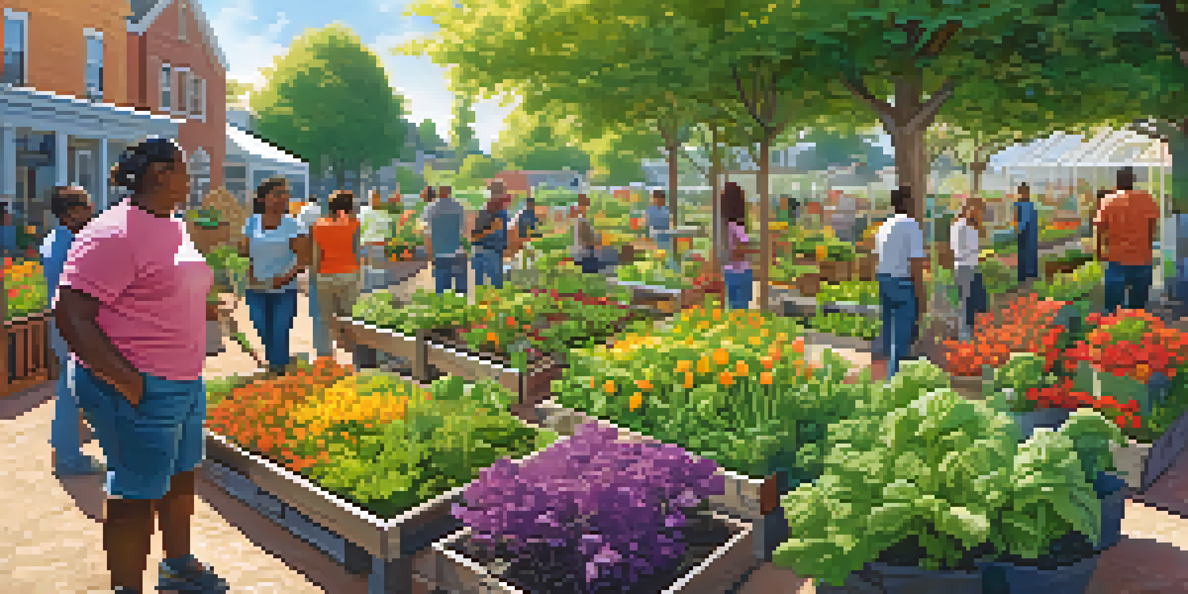 A colorful community garden with people of different backgrounds working together, showcasing the spirit of collaboration and growth.