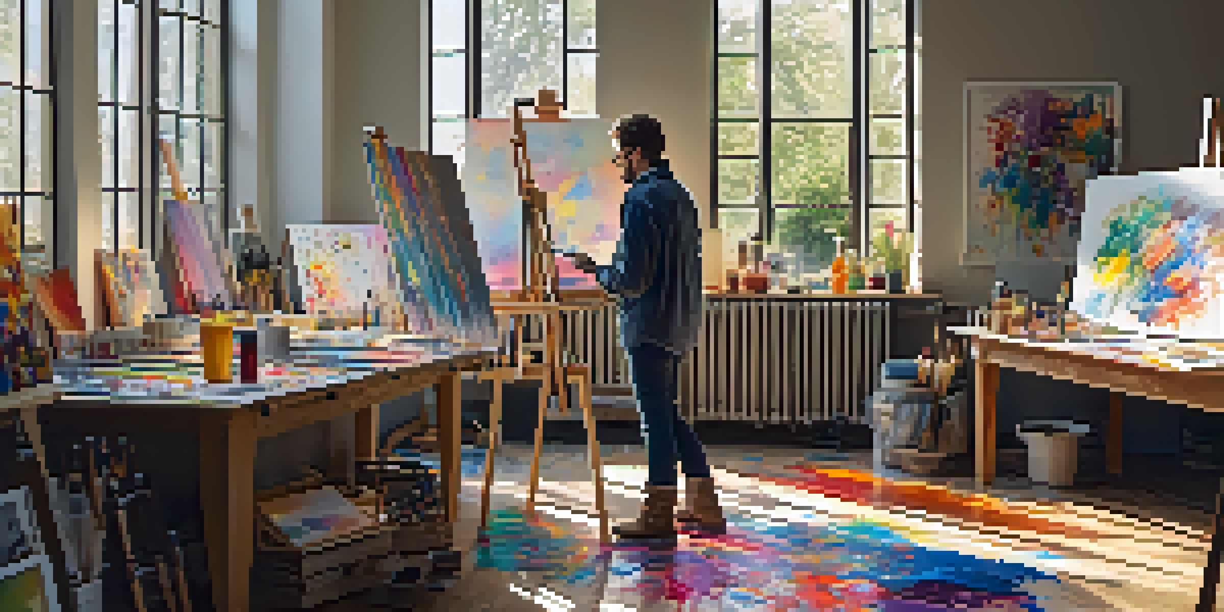 An artist's studio filled with colorful canvases, where an artist is painting, surrounded by their artwork and social tokens on a tablet.