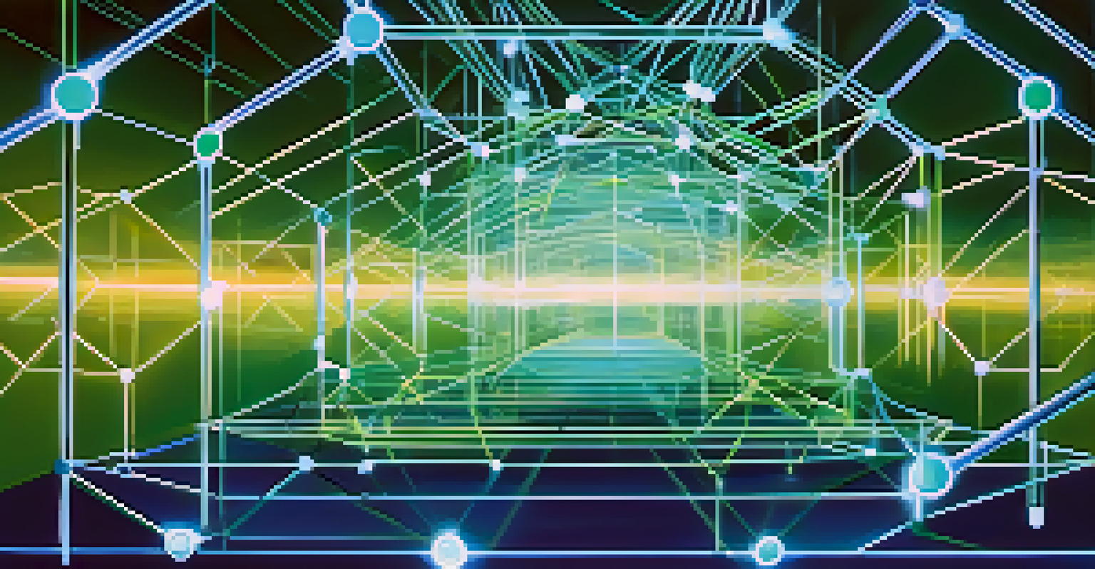 An abstract image depicting interconnected nodes representing blockchain technology with a blue and green color scheme, conveying innovation.
