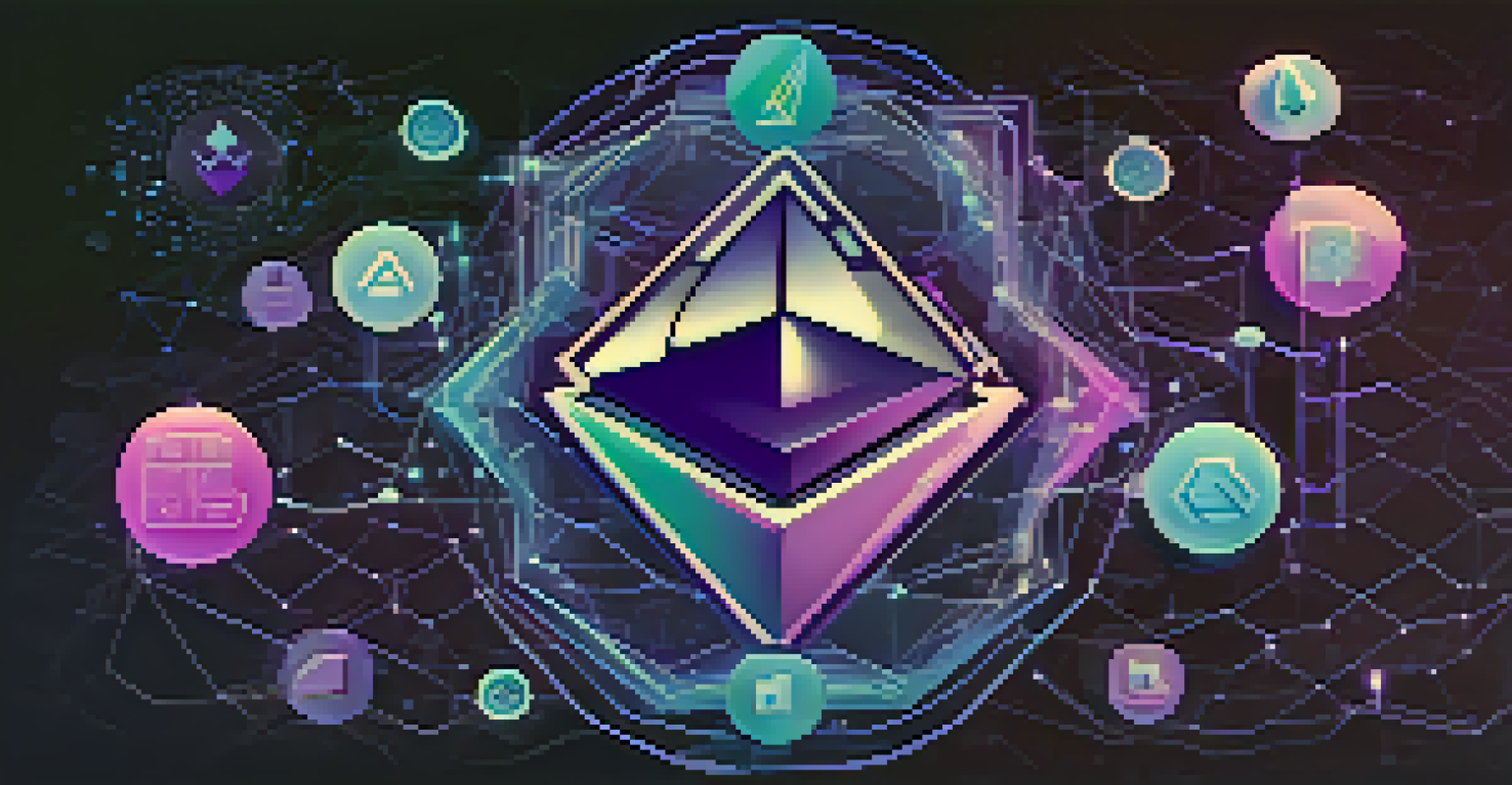 An artistic representation of the Ethereum logo with symbols of user engagement against a digital gradient background.