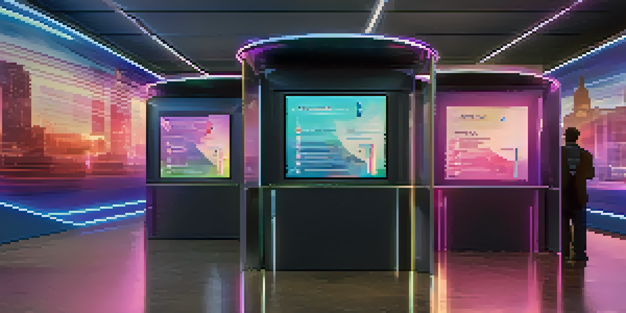 A modern voting booth with digital displays and diverse voters in an urban setting, illuminated by ambient lighting.