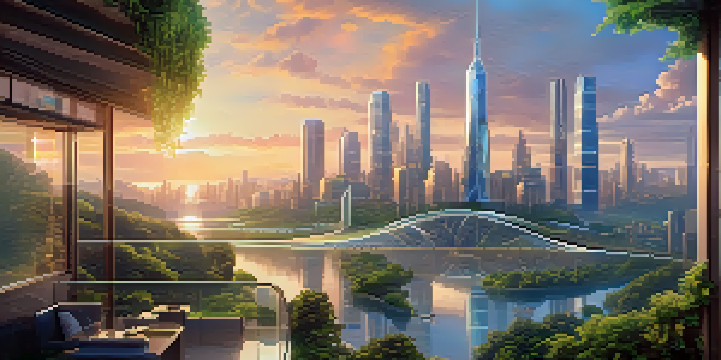 A futuristic city skyline representing a decentralized finance ecosystem, with blockchain symbols and warm sunset lighting.