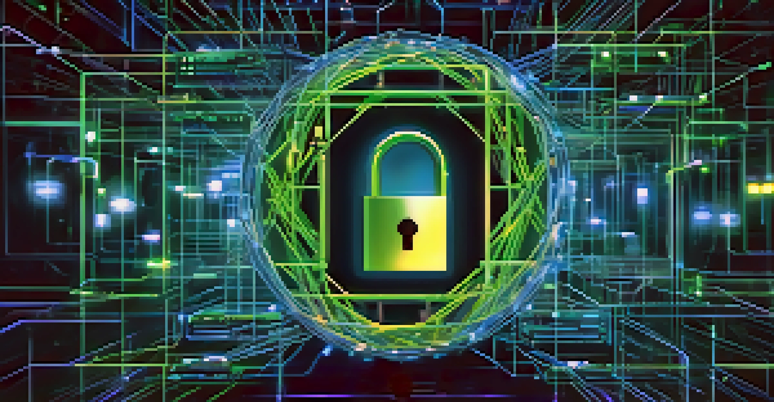 An abstract image of a digital lock surrounded by interconnected nodes, symbolizing data security and trust.