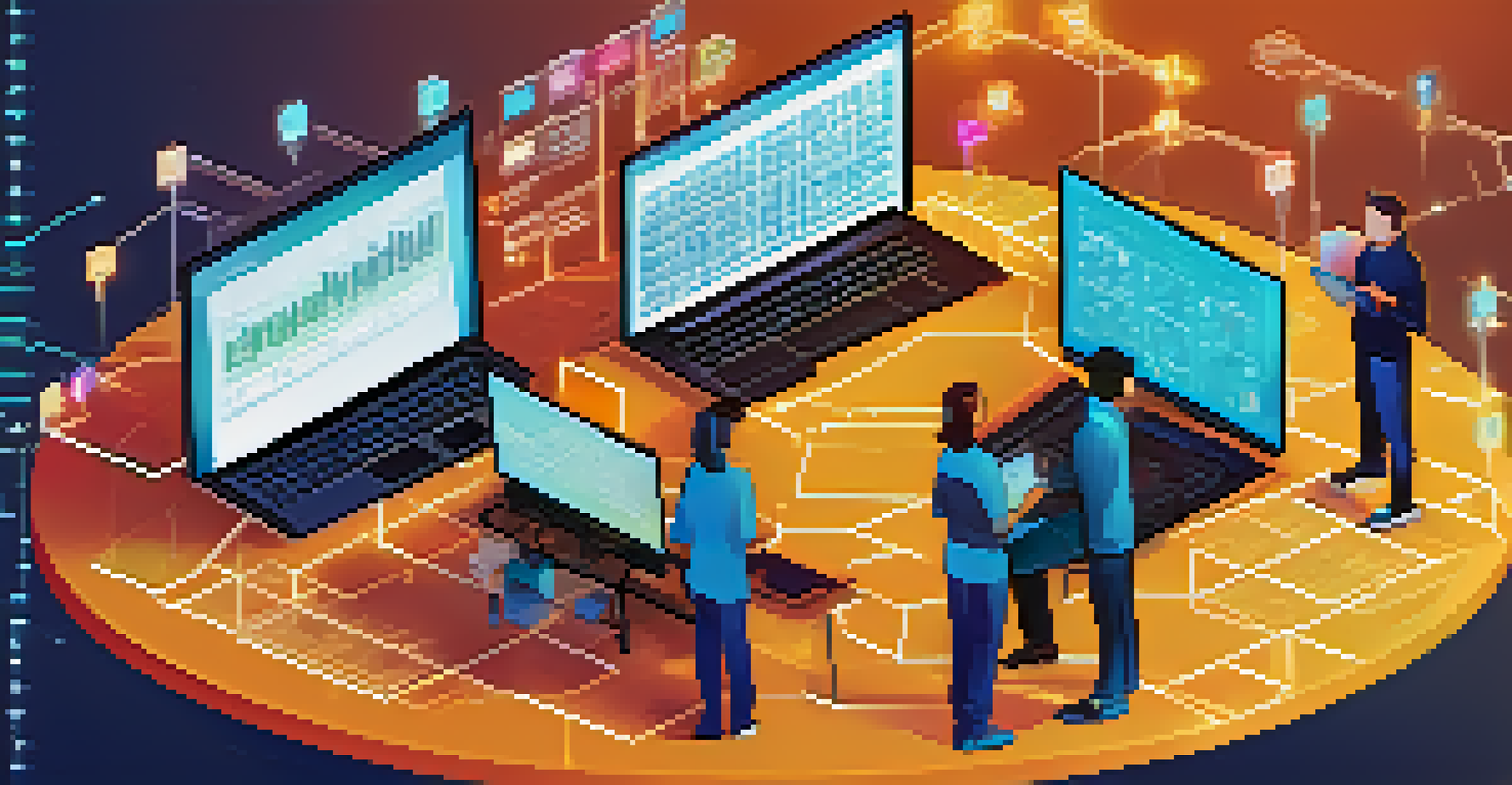 Diverse developers working together on a digital interface showcasing blockchain networks, emphasizing collaboration and innovation.