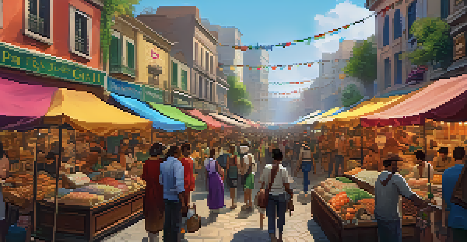 A bustling marketplace in a decentralized game economy, featuring characters exchanging digital assets and colorful stalls.