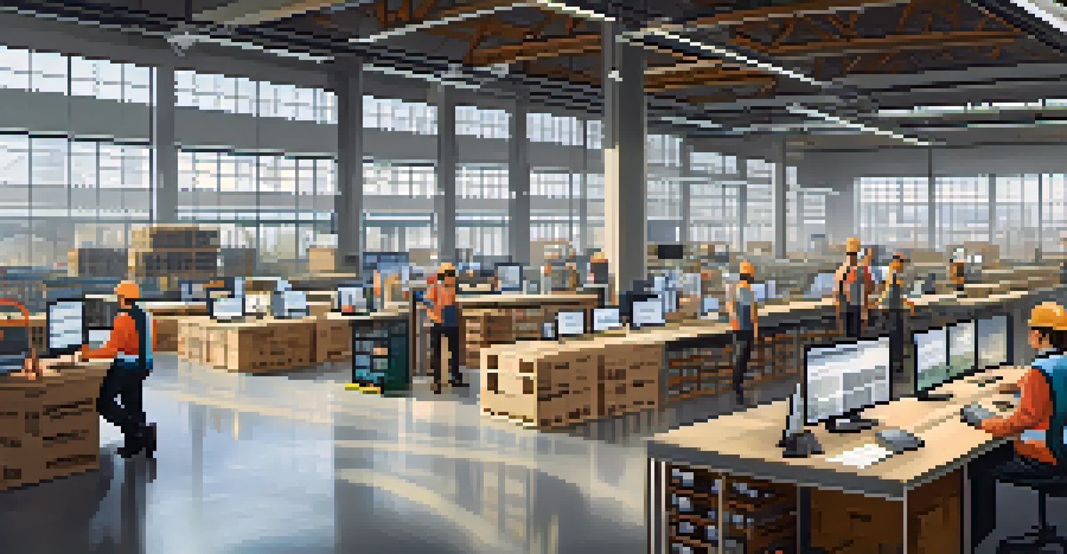Workers in a modern warehouse using laptops and screens to share real-time data, surrounded by shelves of products.