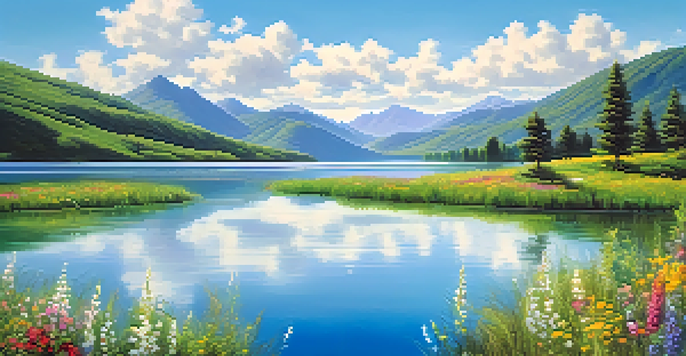 A peaceful lake scene surrounded by green mountains and colorful wildflowers, with white clouds reflected in the water.