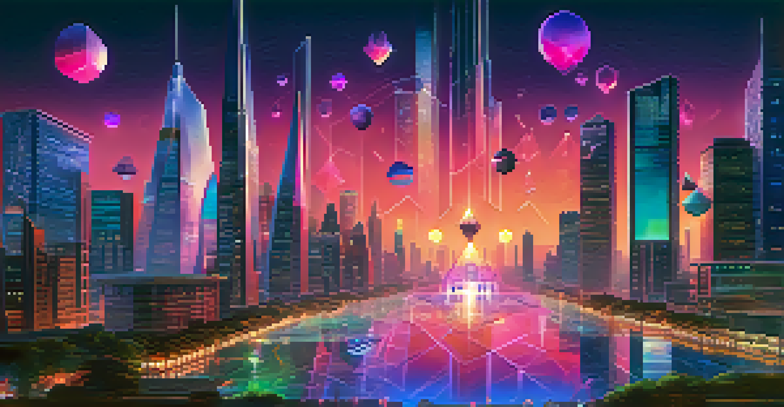 A futuristic cityscape representing decentralized finance with Ethereum tokens as geometric shapes.