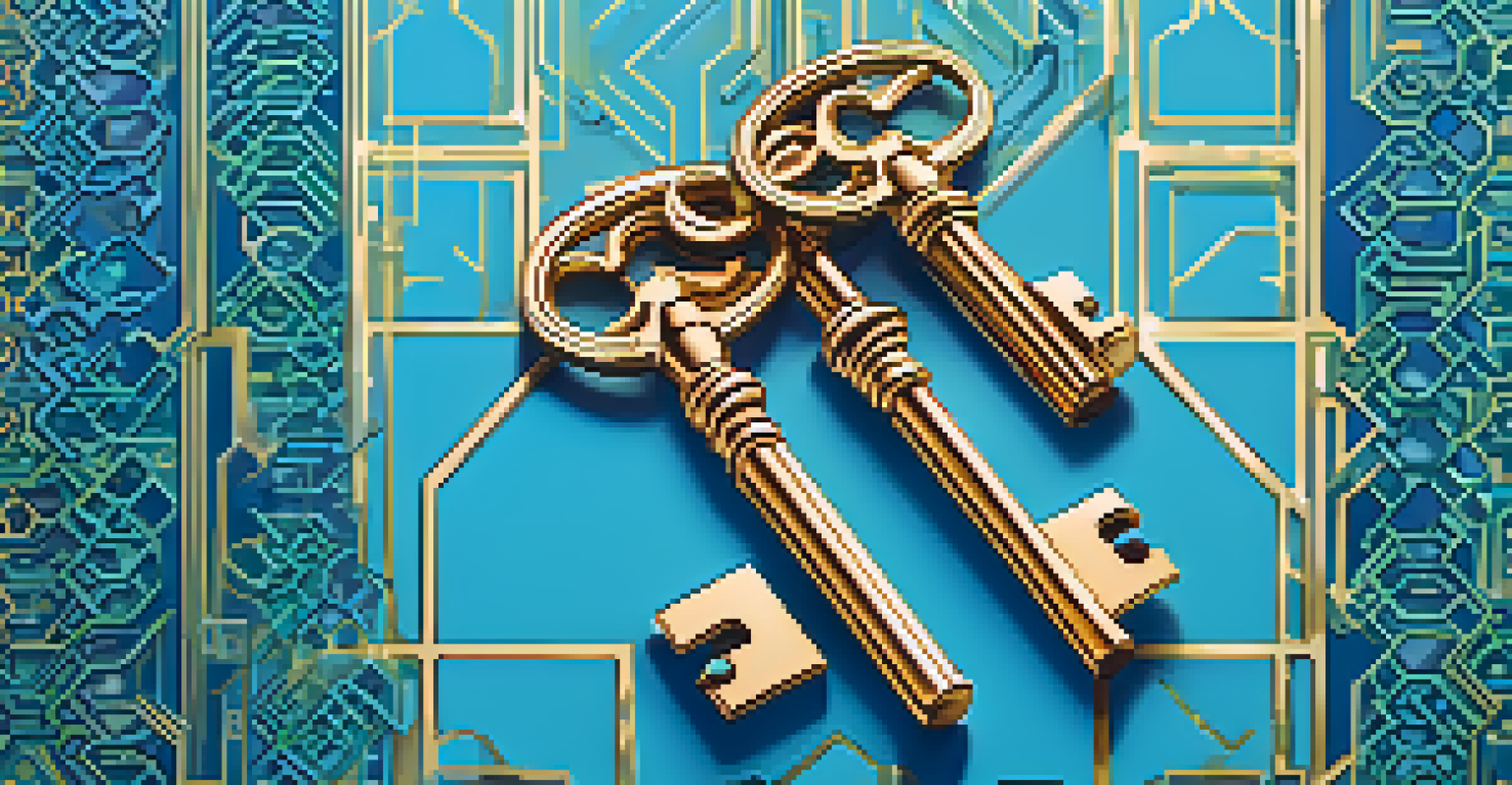 Golden keys representing public and private keys on a digital background with Ethereum logos.