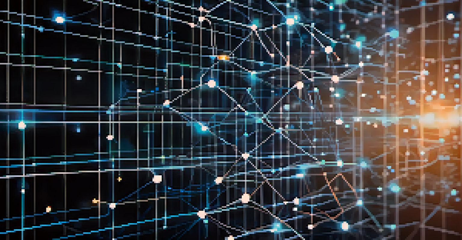 An artistic representation of a blockchain network with glowing nodes and lines, set against a blue abstract background symbolizing security.