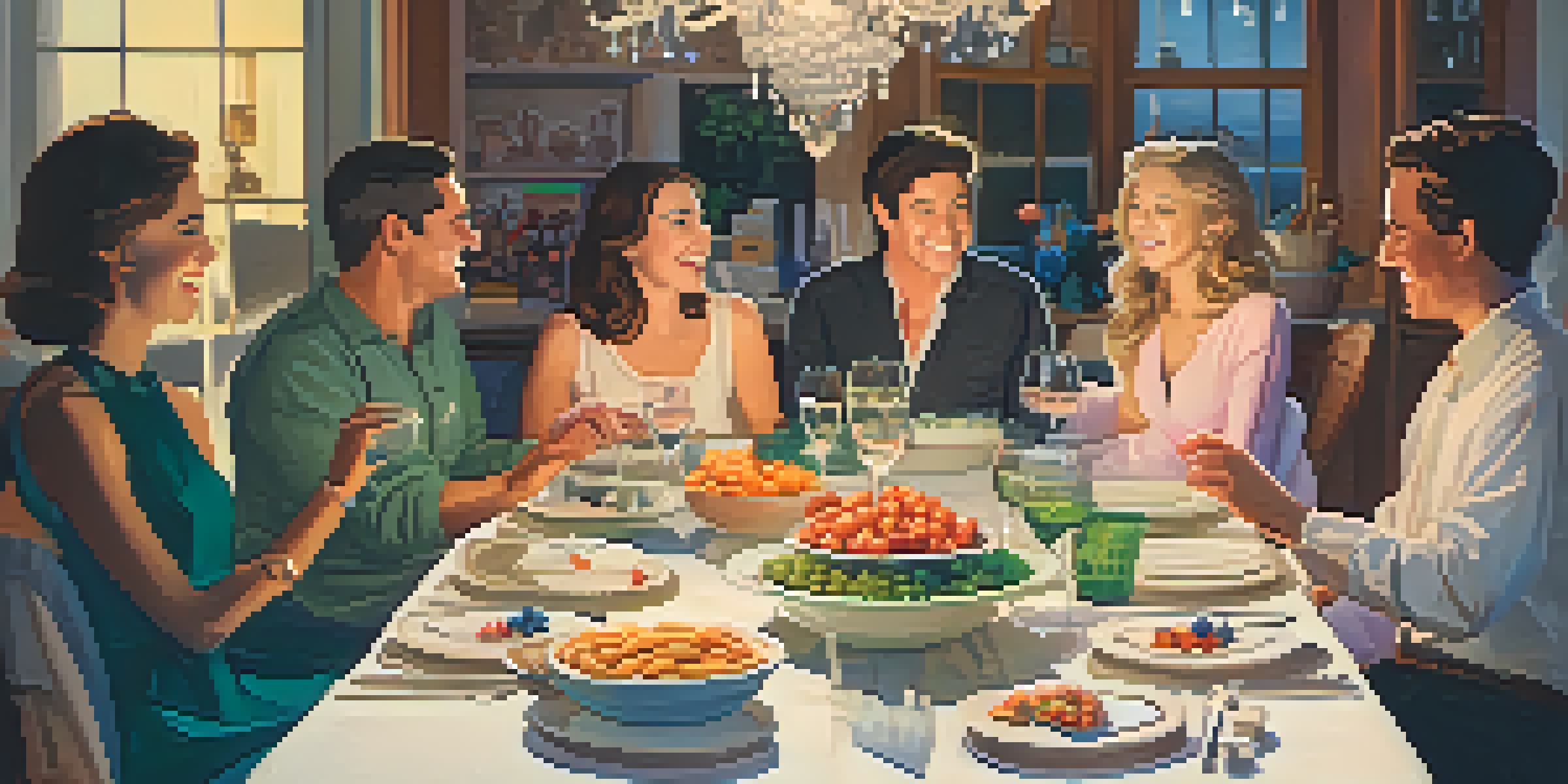 A dinner party setting with a decorated table and happy guests enjoying the meal.